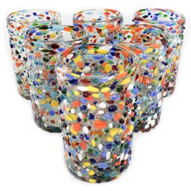 MexHandcraft Confetti Rocks 14 oz Drinking Glasses (set of 6) Mexican Handmade Multicolor Glassware, Recycled Glass, Lead-free, Toxin-Free (Drinking)
