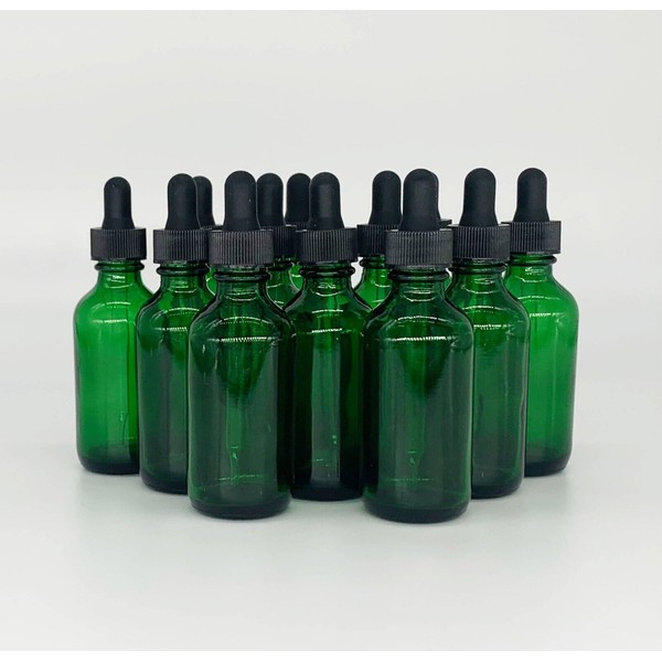 2 oz Green Boston Glass Bottles, with Glass Eye Droppers (12-PACK)