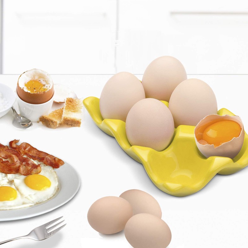 Flexzion Ceramic Egg Holder for Fridge - 6 Cups Egg