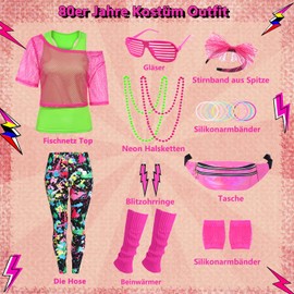 80er 90er Jahre Outfit Damen 20 Stück 80iger Retro Kostüm Off Shoulder Netzshirt Frauen Leggins Neon Kleidung Zubehör Set Bauchtasche Ohrring Netzhandschuhe Armband Bad Halskette Taste Outfit VL022-L