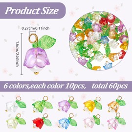 arricraft 60Pcs Acrylic Flower Charm, 10 Colors Acrylic Pearl Floral Charms Pendants with Golden Brass Findings Spring Theme Flower Dangle Charm Beads for Necklace Bracelet Earring Jewelry Making