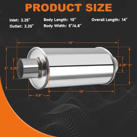 Piclafe 2.25'' Ultra Quiet Resonator, 304 Stainless Steel Muffler, 2.25'' Inlet & Outlet 14" Overall Length Universal Sliver Oval Performance Muffler Resonator