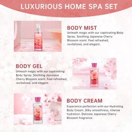 Japanese Cherry Blossom Bath and Body Gift Set, Gel, Lotion, Mist, Travel Size Spa Set,With Natural Extracts-Body Care kit for Birthday Mother's Day Chirstmas Gifts