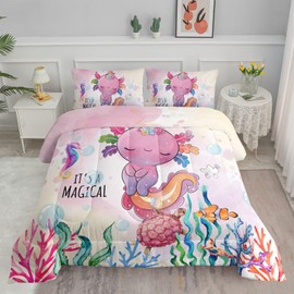 Axolotl Cartoon Twin Comforter, Kawaii Bedding for Girls, Ocean Themed Sea Turtle Bedding, Animal Comforter Set with 1 Quilt, 2 Pillowcases in Pink