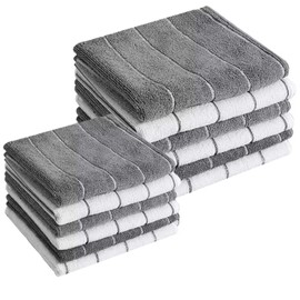 HYER KITCHEN Microfiber Kitchen Towels and Dishcloths Set, 26 X 18 Inch and 12 X 12 Inch, Set of 12 Bulk Lint Free Dish Towels for Drying Dishes, Grey