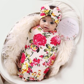 Galabloomer Newborn Receiving Blanket Headband Set Flower Print Baby Swaddle Receiving Blankets (Ivory Flower)
