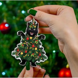 Black Cat Christmas Tree Ornament - Funny Cat Lover Holiday Decor, Cute Acrylic Flat Hanging Ornament for Christmas Tree Decorations, Perfect Feline-Themed Gift for Cat Owners