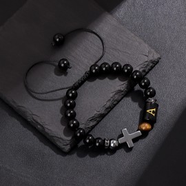 Vinswet Mens Bracelet, Cross Bracelet Letter A-Z Initial Bracelet for Men Onyx Tigers Eye Beaded Bracelet Religious Christian Bracelet Anniversary Birthday Gifts for Men Dad Husband Son Mens Jewelry
