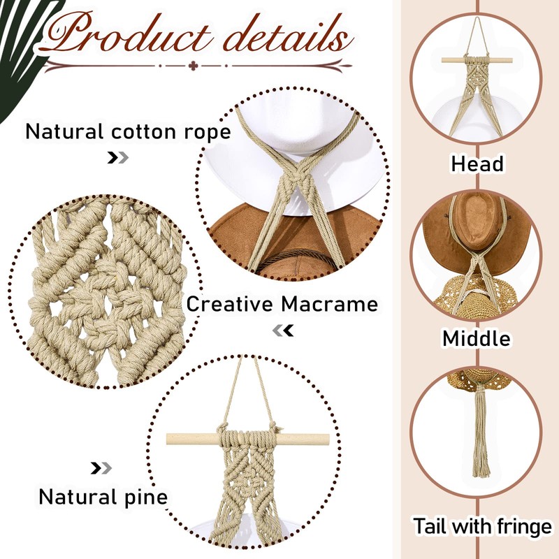 Yulejo Macrame Hat Hangers Boho Hat Rack Cowboy Hat Hanger