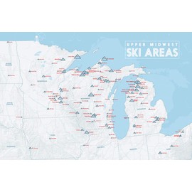 Upper Midwest Ski Resorts Map 24x36 Poster (White & Light Blue)
