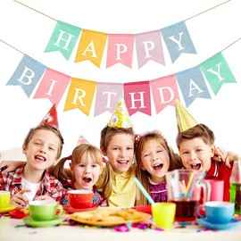 DOJoykey Burlap Fabric HAPPY BIRTHDAY Banner, Reusable Pastel Color Birthday Bunting Flag Garlands for Home Outdoor Birthday Party Decoration