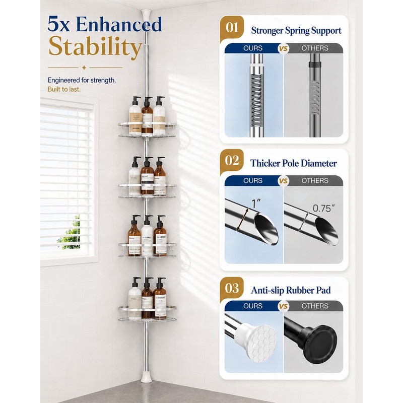 SEIRIONE Rustproof Shower Corner Caddy Organizer for Bathroom, 4 Adjustable