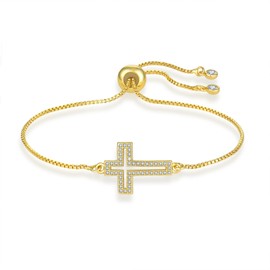 Fahonie Adjustable Hollow Cross Bracelet for Women,Dainty 14K Gold Plated Cross Bracelet with Cubic Zirconia Christian Minimalist Religious Jewelry Gift for women