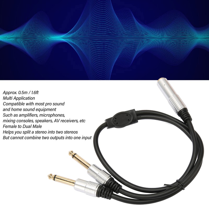 6.35mm Splitter Cable Female to Dual Male Gold Plated Plug