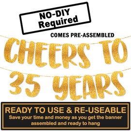 TOYVENTURES Cheers to 35 Years Gold Glitter Banner - Happy 35th Birthday Party Decorations 8 Feet, 35th Wedding Anniversary Party Supplies - Milestone Celebration Decor - Pre-strung, No DIY Required