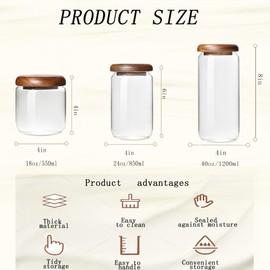 MILLAY 1200 ml/40 oz Glass Storage Canister with Airtight Wooden Lid, Small Clear Decorative Container Jar for Flour, Sugar, Cookie, Coffee, Spice, Candy, Salt, Pepper, Overnight Oats