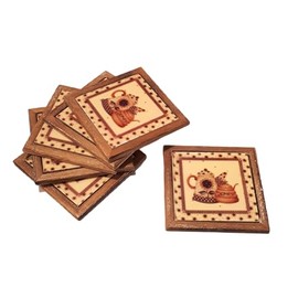 Set of 6 Wooden and Glazed Ceramic Coasters 10cm x 10cm