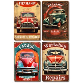 Vintage Garage Signs - Set of 4, 1960s Car Metal Signs for Home, Man Cave Decor, Retro Wall Art for Shed, Garden, Garage, Workshop, Bedroom Gifts, Indoor/Outdoor - 20cm x 30cm