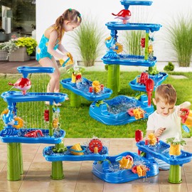 PEADUCK Water Table for Kids 3 4 5 6 7 Years Old, 3-Tier 4 Areas Water Table Activity Sensory Outside Toys for Toddlers 3-5, Beach Backyard Outdoor Play Table Gift for Boys Girls