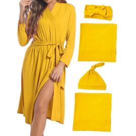 WINROLA Maternity Robe with Matching Swaddle Set, Mommy Me Set Soft Women Maternity Sleepwear Bathroom Long Sleeves Robe (US, Alpha, X-Large, Regular, Regular, YFF21BROWN5)