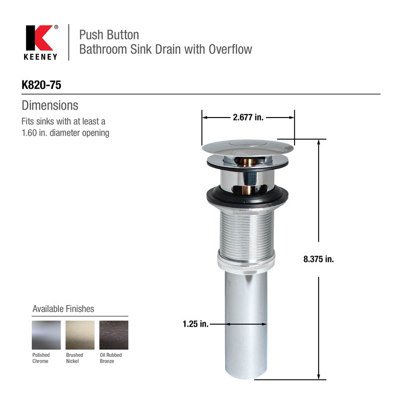 Plumb Pak Keeney K820-75 Universal Push Button Bathroom Sink Drain