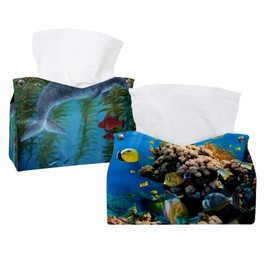 2 Pack Tissue Box Cover Holder, Sea World Rectangle Leather Tissue Case, Decorative Organizer for Tabletop, Bathroom, Car, Office