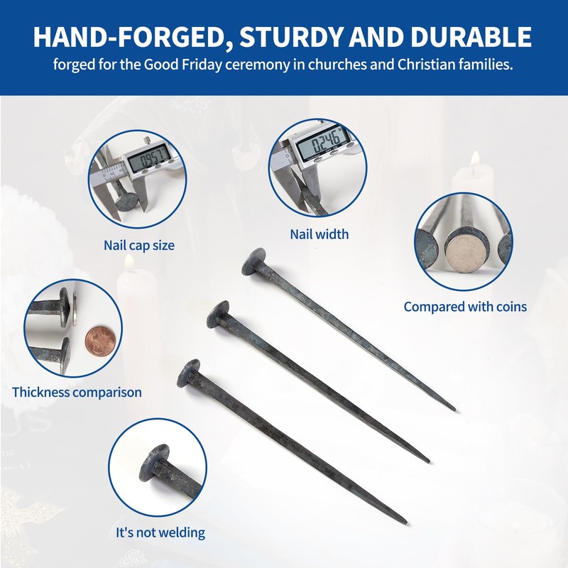 TRASEXTRA 3 Pcs Hand Forged Nails,Jesus Cross,Wrought Iron Decorative Nails,Iron