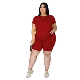 Tycorwd Plus Size Two Piece Outfits For Women Summer Sweatsuits Jogger Sets Casual Print Shorts Tracksuit Sets Wine red 3XL