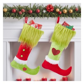 2 Pack Christmas Elf Boot Stocking Funny Novelty Xmas Stocking Lime Green Socks with Faux Fur Hanging Stocking Gift Bag Holiday Fireplace Xmas Tree Hanging Decor (Green)