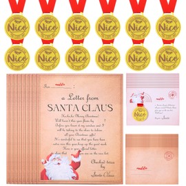 Tenare 12 Sets Christmas Eve Nice List Medal Christmas Santa Nice List Certificate Santa Claus Letter and Envelopes 12 Pcs Nice List Medals and Greeting Cards 12 Pcs Santa Claus Letter and Envelopes