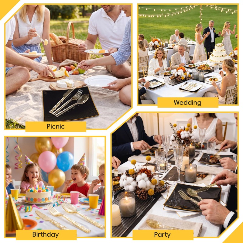 Lullaby 300Pc Heavy Duty Gold Plastic Silverware, Gold Glitter Utensil