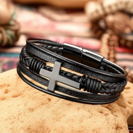 Unbranded Men's Christian Cross Leather Bracelet Stainless Steel Braided Cuff Bangle Gift