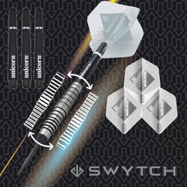 Unicorn Steel Tip Darts Set | Swytch | 80% Natural Tungsten Barrels with Black Accents & Black Volute Converta Points | 23 g