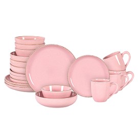 HomeVss 20-Piece Dinnerware Set - Serves 4, Shiny Glaze Pink with Speckle Effect Plates & Bowls Set | Microwave & Dishwasher Safe