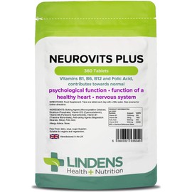 Lindens Neurovits Plus Tablets - 360 Pack - Contains Vitamin B1, B6, B12 & Folic Acid Contributes Towards Normal Psychological Function, Healthy Heart & Nervous System - UK Manufacturer, Letterbox Friendly