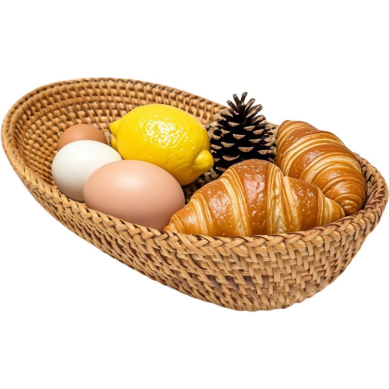 i-lan Large Size Handmand Oval Bread Serving Basket, Natural Rattan