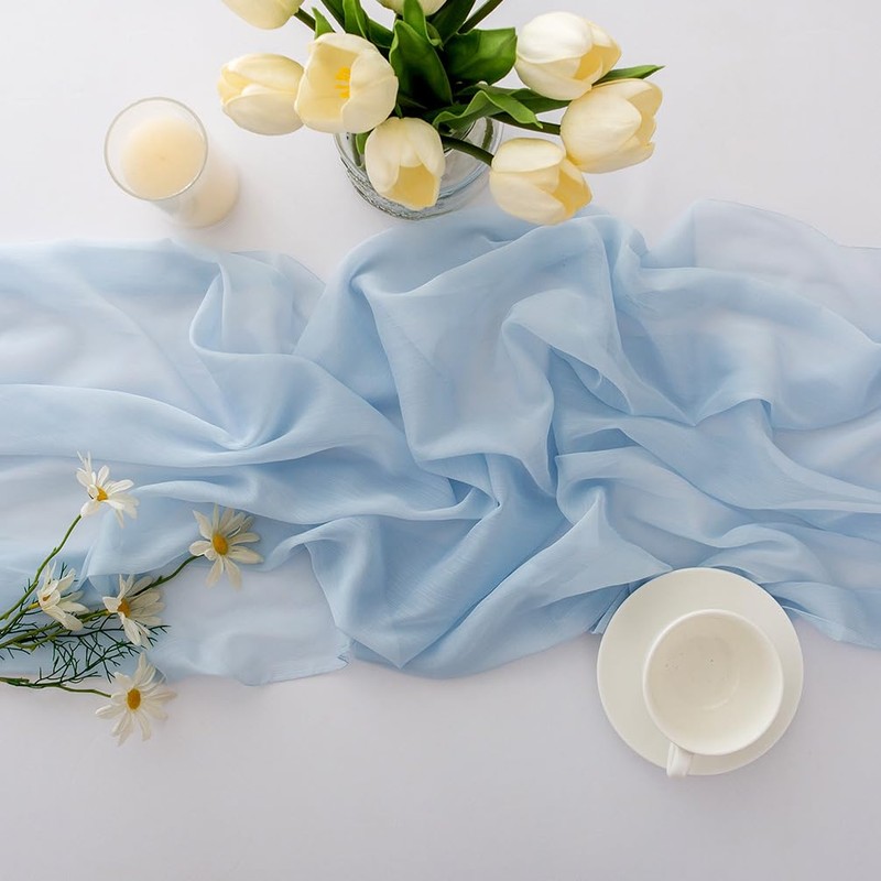 Chuqing Chiffon Table Runner, Light Blue, Decorative Table Runner, Table