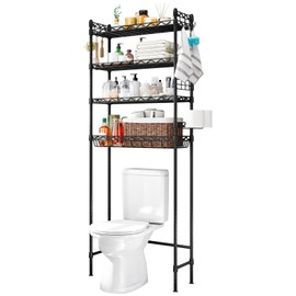 INGIORDAR Over The Toilet Storage Rack with Hook Adjustable Layer 4-Tier Large Capacity Strong Steel Space Saver for Laundry Kitchen Bathroom Organizer Metal (Black, 25.75 * 9.45 * 67.32in)