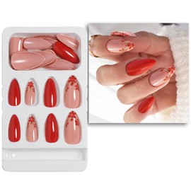 24pcs French Tip Press on Nails Short Almond Fake Nails Full Cover Reusable Stick on Nail Artificial Acrylic False Nails with Gold Line Red Small Flower Design Glossy Glue on Nails for Women and Girls