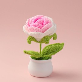 zbstream Crochet Rose Potted, 2pcs Mini Artificial Plants Rose Flowers Potted Plants Handmade Knitting Flower for Family and Friends, Crochet Flowers for Home Car Decor (Gradient Pink)