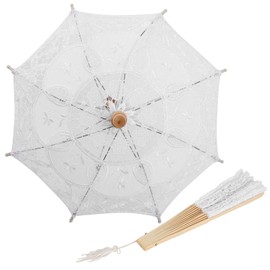 Gsycle Mini White Lace Parasol Umbrella, Fancy Umbrellas for Women, Wedding Bridal Flowers Embroidery Umbrella Small Photography Prop Craft Umbrella with Folding Fans Mini Lace Umbrella for Party