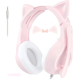 Auriculares para juegos con micrófono, orejas de gato, sonido envolvente estéreo, con cable, almohadillas para orejas suaves, cancelación de ruido para niñas, adolescentes y mujeres