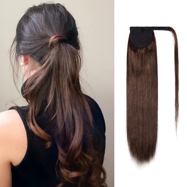 Brown Ponytail Extension Remy Human Hair Clip in Ponytail Hair Extensions Wrap Around Pony Tails Hairpiece Comb Binding Long Straight One Piece Hair for Women 18 inch Medium Brown #4