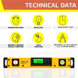 Shefio Digital Level - 18 Inch Magnetic, IP54 Dustproof and Waterproof - Protractor - Includes Batteries and Carrying Case