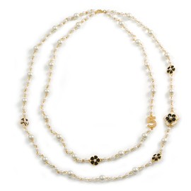 Avalaya Faux Pearl White Bead With White/Black Enamel Daisy Motif Double Chain Long Necklace in Gold Tone - 86cm L