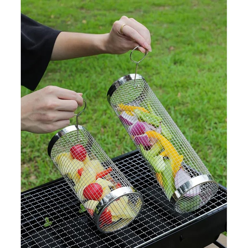 Stainless Steel Cylindrical BBQ Basket Reusable Round Grill Net, Perfect