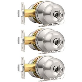Probrico Brushed Nickel One Keyway Ball Door Knobs Entry Lock with Keys, 3 Pack Keyed Alike Door Locksets, Interior Exterior Keyed Hardware