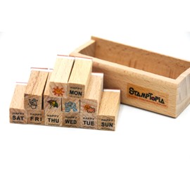 Youkwer 12 Pcs Mini Cute Wooden Rubber Stamps DIY Diary Scrapbook Stamps Set with Wooden Box （Week，Weather）