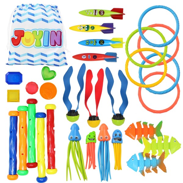 JOYIN 30 Pcs Diving Pool Toys for Kids Ages 3-12 Jumbo Set with Storage Bag Pool Games Summer Swim Water FishToys
