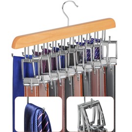 20 Hooks Belt Tie Hanger Space Saving for Closet, 2 IN 1 Belt Ties Racks Max 30 Belts with 30 Ties Capacity, Curved with Flat Hooks for Belts,Ties,Bras,Tanks Tops Closet Organizers and Storage Natural